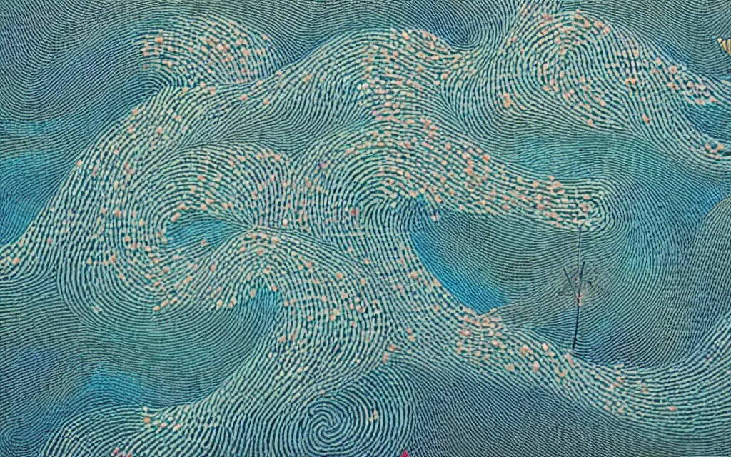 Prompt: wave, particle, synth, frequencies, pattern, osciliation. wave-particle duality. japanese embroidery. by james jean