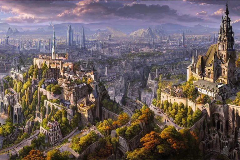 Image similar to an ultra detailed matte landscape painting of an german renaissance capital city built into the side of a mountain with many tall spirally towers, sweeping vista, german renaissance architecture, ultrawide lens, aerial photography, 8 k, volumetric lighting, smooth, highly detailed, digital illustration, art by greg rutkowski and akira toriyama and artgerm