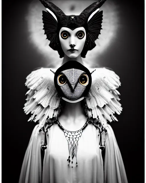 Prompt: surreal mythical dreamy dark artistic black and white fine art 3 / 4 fashion portrait photo of a young beautiful delicate female robot - witch - owl with orchid - doll face, rim light, cinematic, studio dramatic light, poetic, masterpiece, octane render, 8 k, photo - realistic by gustave dore dora maar