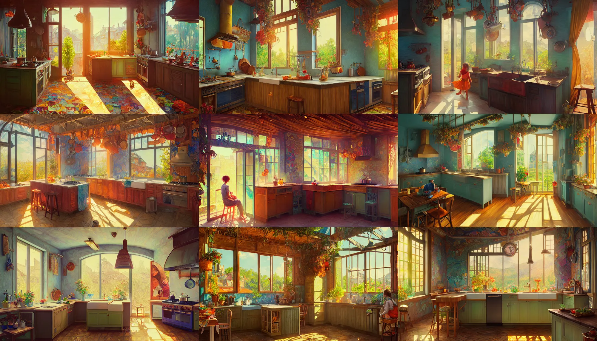 Prompt: house kitchen on a sunny day, path traced, highly detailed, high quality, digital painting, alena aenami, lilia alvarado, shinji aramaki, karol bak, alphonse mucha, tom bagshaw