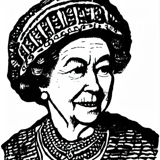 Image similar to queen elizabeth wearing balaclava and crown, lino print, whiskey bottle