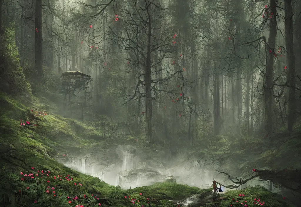 Image similar to handmade stunning landscape of a big and deep forest, ornate, beautiful, atmosphere, vibe, mist, chimney, pristine, puddles, melting, dripping, creek, lush, forest, roses, flowers, by kilian eng jake parker loish, octane render, 8 k hd resolution, high quality image