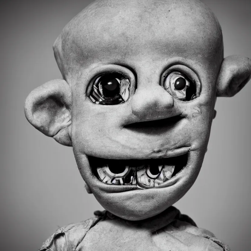 Image similar to creepy ventriloquist dummy in the style of roger ballen, 4 k, bw, portrait