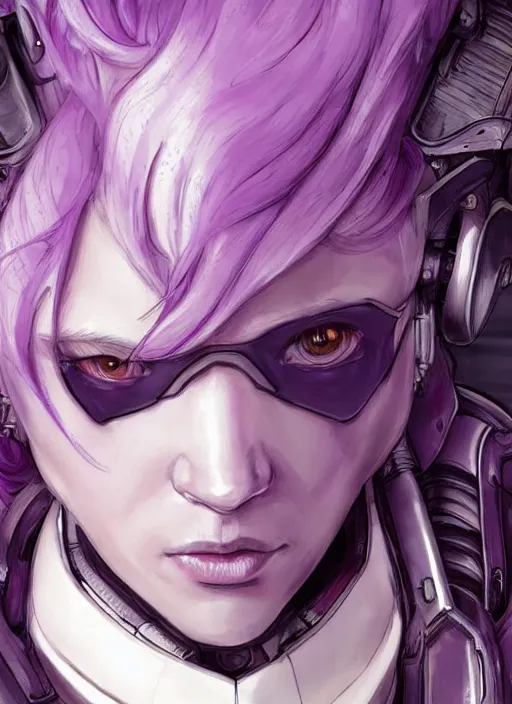 Image similar to close up portrait of a pale woman in sci - fi power armor with purple hair, powerful, domineering, stoic, masterful, intense, ultrafine hyperdetailed illustration by kim jung gi, irakli nadar, intricate linework, sharp focus, octopath traveler, yoji shinkawa, highly rendered, detailed, concept art