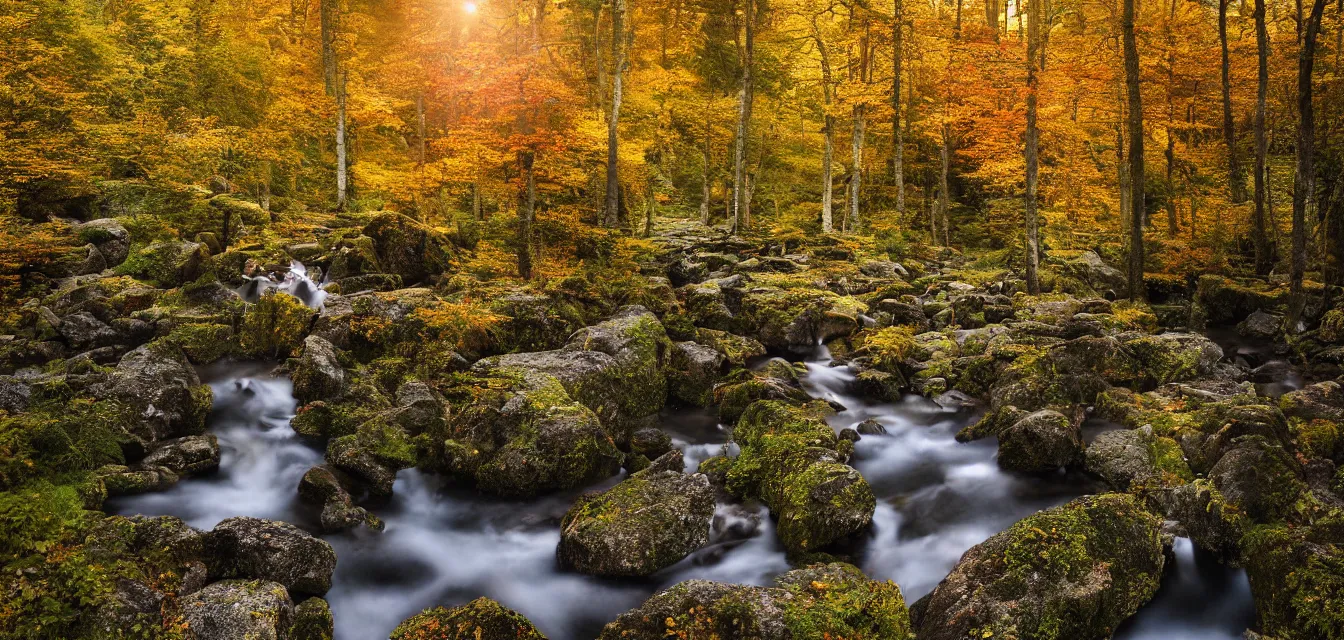 Prompt: sparse stone cottages underneath a dense tall forest, with pristine reflex from cascading ponds. gorgeous, elegant, sophisticated, an ultrafine painting, intricate brush strokes, bright depth oil colors, photography by araken alcantara. intense promiseful happiness, autumn sunrise warm light, detailed and intricate environment. hopeful. bodyscapes