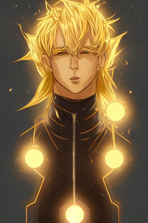 Image similar to golden glowing luminescent male anime character, blonde hair, rich eyes, symmetrical, highly detailed, digital art, sharp focus, trending on art station, afro hair, electricity everywhere