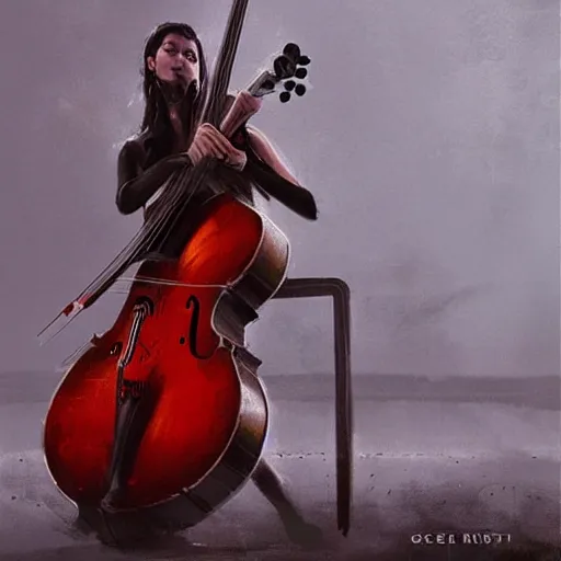 Prompt: interesting composition with electro guitar in cello shape by greg rutkowski