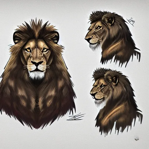 Prompt: lion character sheet, concept art, 2 d, digital