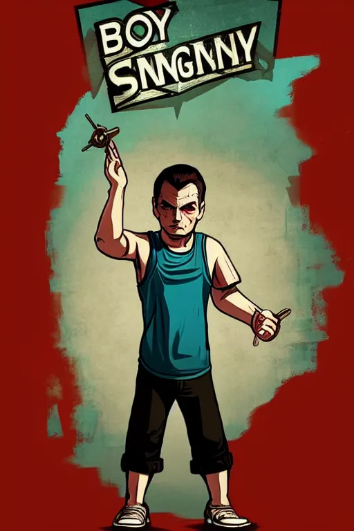 Image similar to boy with singlet tshirt and towel on shoulder. bioshock art style, grand theft auto chinatown art style, pop art, proportional, digital arts, artstation, concept arts, smooth, sharp focus, illustration, intricate, hyperdetails, art by banksy and mimmo rottela, pixels art by paul robertson