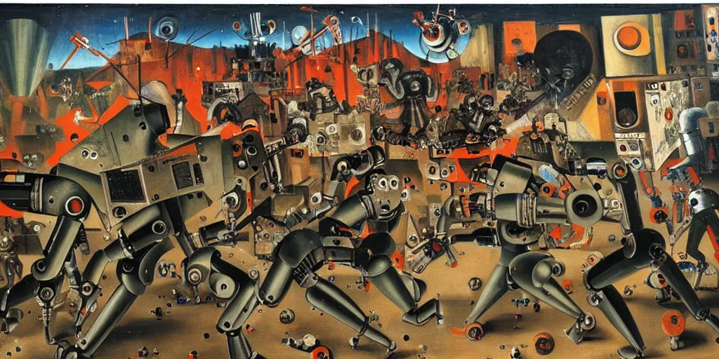 Prompt: scene from future robot battle, painting by otto dix, 8 k