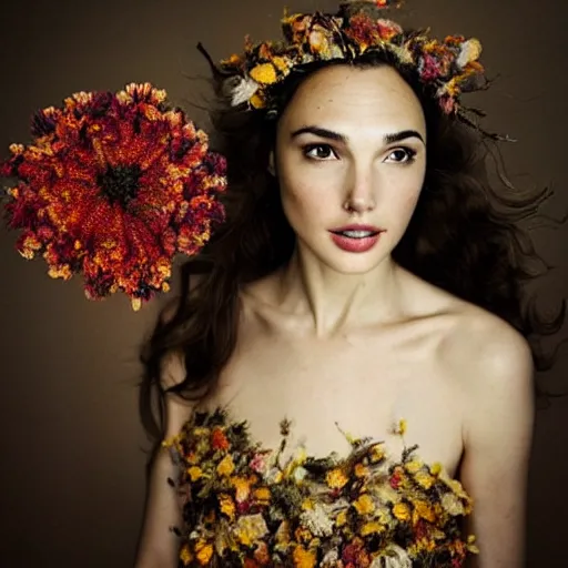 Image similar to fine art photo of the beauty gal gadot, she has a crown and a dress made of dried flowers done by oleg oprisco