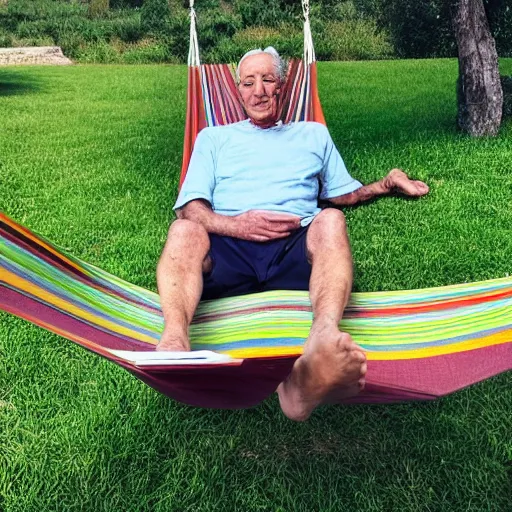 Image similar to my older italian wise friend on a hammock, reading new book, gravity is strong, he is very relaxed, muscular legs, mountains in a background