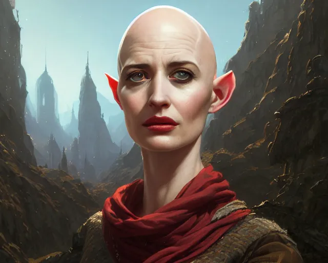 Image similar to highly detailed portrait of eva green as a bald elf mage, in gta v, stephen bliss, unreal engine, fantasy art by greg rutkowski, loish, rhads, ferdinand knab, makoto shinkai and lois van baarle, ilya kuvshinov, rossdraws, tom bagshaw, global illumination, radiant light, detailed and intricate environment