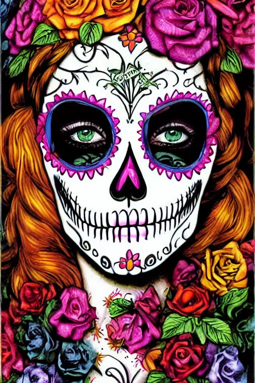 Image similar to illustration of a sugar skull day of the dead girl, art by handrikus schiffmacher