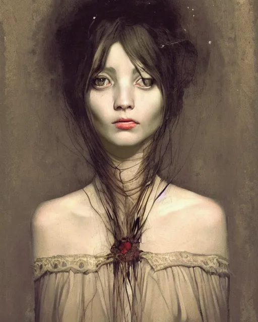 Image similar to a beautiful and eerie baroque painting of a beautiful but creepy girl in layers of fear, with haunted eyes and dark hair piled on her head, 1 9 7 0 s, seventies, wallpaper, a little blood, morning light showing injuries, delicate embellishments, painterly, offset printing technique, by brom, moebius, robert henri, walter popp