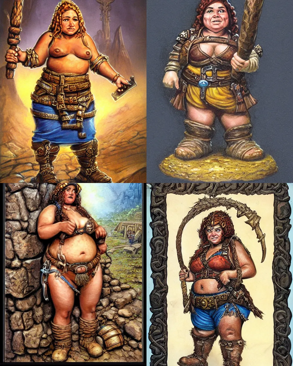 Prompt: female dwarven miner, chubby short stature, elaborate hair, by jeff easley