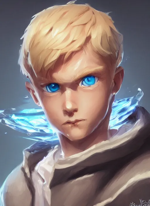 Prompt: a highly detailed illustration of cute little blonde blue eyes boy, wide eyed adventurous pose, intricate, elegant, highly detailed, centered, digital painting, artstation, concept art, smooth, sharp focus, league of legends concept art, WLOP