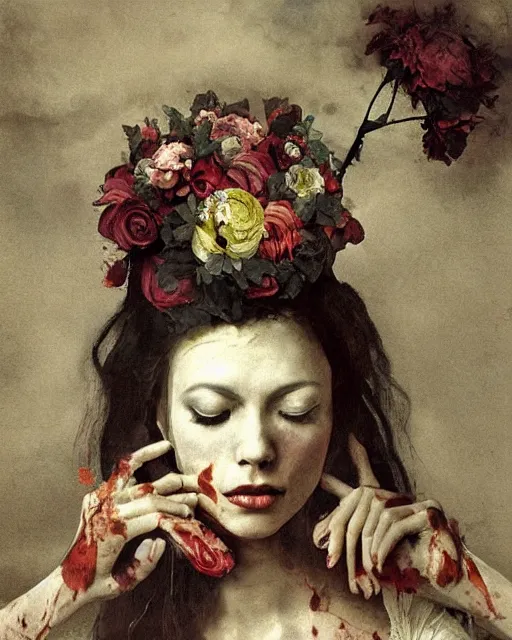Prompt: a beautiful and eerie baroque painting of a beautiful but serious woman in layers of fear, with haunted eyes and dark hair piled on her head, 1 9 7 0 s, seventies, floral wallpaper, wilted flowers, a little blood, morning light showing injuries, delicate embellishments, painterly, offset printing technique, art by walter popp