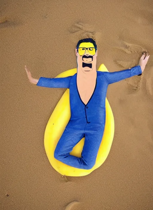 Image similar to jeff goldblum as a banana on the sand of a beach