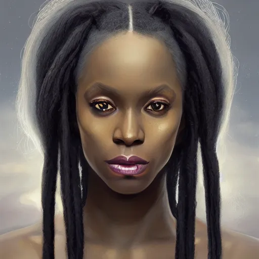 Image similar to a detailed matte oil on canvas head on symmetrical portrait of black skinned woman with! long white hair! and ( ( ( pale greenish ) ) hair, clothed by charlie bowater, lise deharme, wlop, trending on artstationhd, dungeons and dragons art critical role