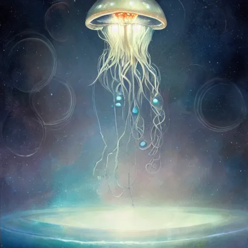 Image similar to a hyperrealistic illustration of a jellyfish in space, visible inside is a city with lights, award-winning, masterpiece, in the style of Tom Bagshaw, Cedric Peyravernay, Peter Mohrbacher