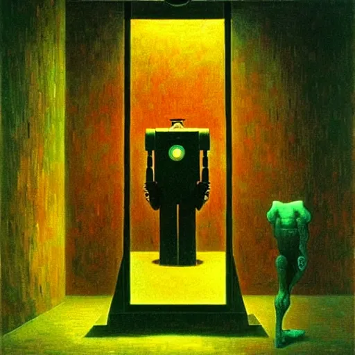 Image similar to The robot recognizes itself in the mirror- contest-winning artwork by Salvador Dali, Beksiński, Van Gogh and Monet. Stunning lighting