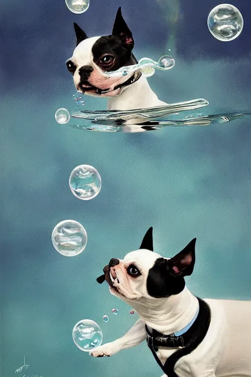 Image similar to a boston terrier chasing bubbles. clean elegant painting, beautiful details, lots of bubbles. by artgerm and greg rutkowski