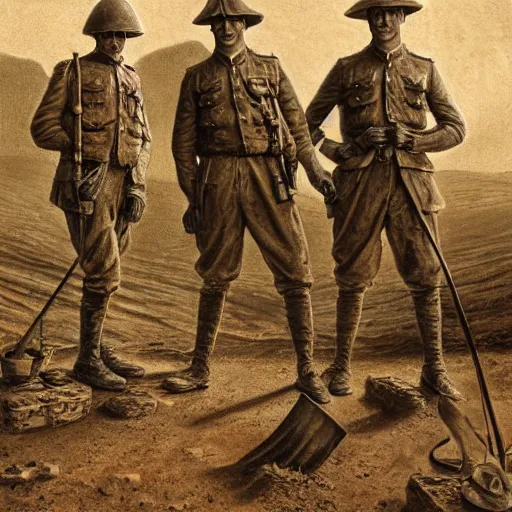 Image similar to ultra detailed photorealistic sepia - toned painting from 1 9 1 7, three british soldiers standing at an archaeological dig site in wadi rum, ultra realistic, painted, intricate details, lovecraft, atmospheric, dark, horror, brooding, highly detailed, by dave dorman