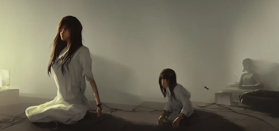 Image similar to Young Himalayan woman concerned in an empty room using psychic powers to make a lighter float| night time scene, plain walls |somber white eyes, long messy hair | gentle lighting, futuristic, dim lighting, digital art by Makoto Shinkai ilya kuvshinov and Wojtek Fus, digital art, concept art,