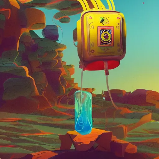 Prompt: excited wavy land backpack tequila, by beeple and simon bisley, tarot card, 2 d game art