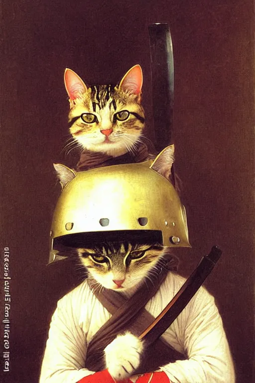 Image similar to portrait of a cat samurai, wearing samurai armor and helmet, by bouguereau