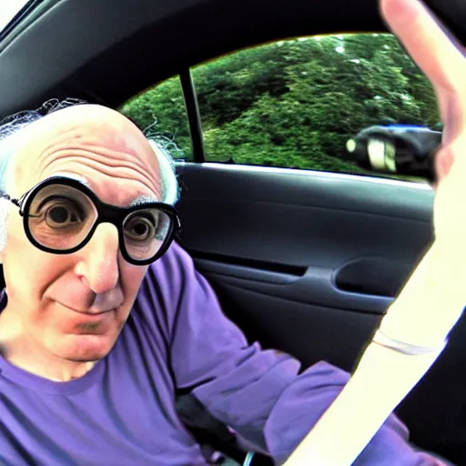 Image similar to larry david in his 2 0 0 9 prius, fisheye lens, anime style, anime