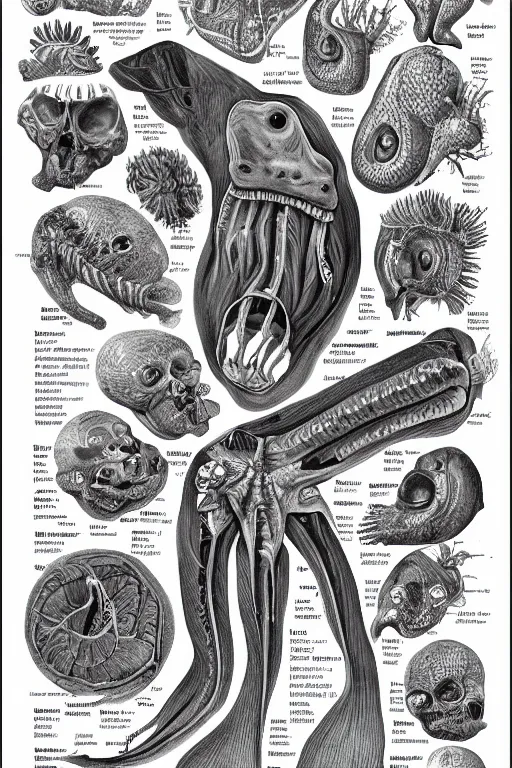 Image similar to anatomical encyclopedia illustration of a disturbing deep sea creature, photorealistic, diagram