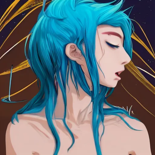 Image similar to side profile of rimuru tempest crying with sky blue hair, long hair, gold eyes, black jacket with white stripes and a high collar | highly detailed, greek city in the background, professional digital painting, digital art, concept art, award - winning photography, cinematic, wlop | art by pixiv art, ilya kuvshinov, yoshitaka amano