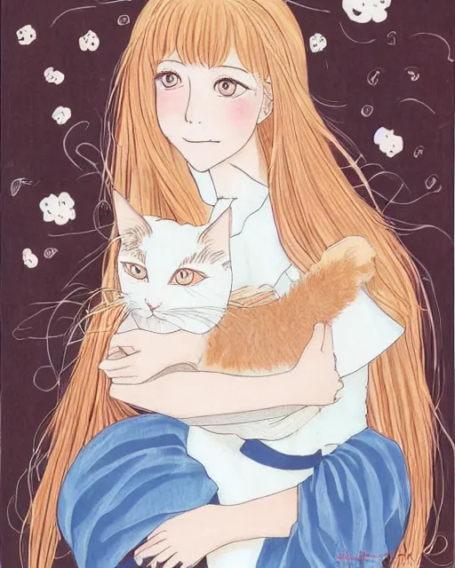 Image similar to a portrait of a young woman with very long pink hair undulating on the wind, light brown eyes, slightly chubby, pale skin, pretty, cute, holding a white cat. by naoko takeuchi