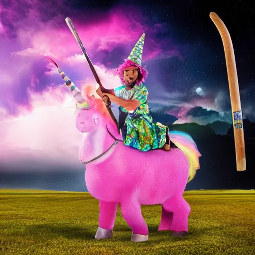 Prompt: wizard riding a pink unicorn carrying a hockey stick, ultraHD, realistic, photojournalism, Pulitzer Prize, national geographic