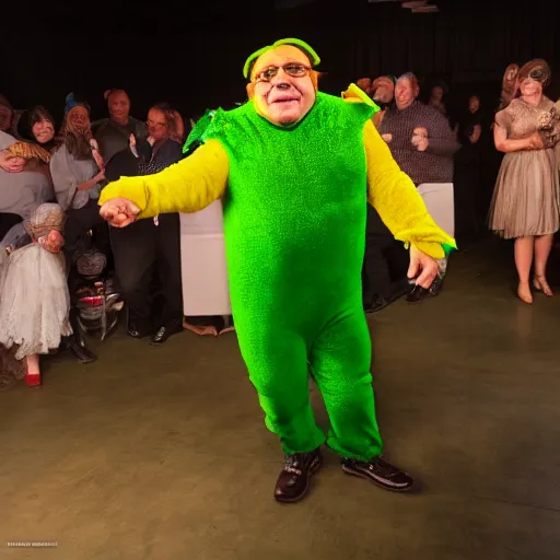 Image similar to Danny Devito dancing while wearing a pickle costume, photorealistic, fine detail, portrait, 8k hdr, photo