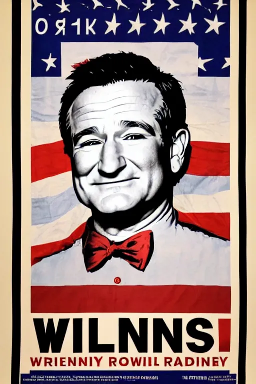 Prompt: Robin Williams presidential campaign poster, realistic, distressed paper, 8k high definition, intricate, elegant, in the style of James Montgomery Flagg