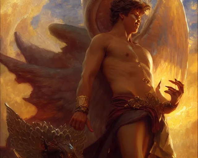 Image similar to attractive male deity, casting demonic magic, summoning handsome lucifer morning star. highly detailed painting by gaston bussiere, craig mullins, j. c. leyendecker 8 k