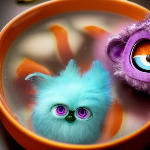 Prompt: Furby submerged in a bowl of alphabet soup