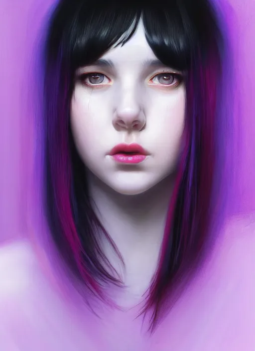 Image similar to portrait of teenage girl with white bangs, red irises, black hair, purple clothes, white bangs, bangs are different color from hair, intricate, front of hair is white rest is black, elegant, glowing lights, highly detailed, digital painting, artstation, concept art, smooth, sharp focus, illustration, art by wlop, mars ravelo and greg rutkowski