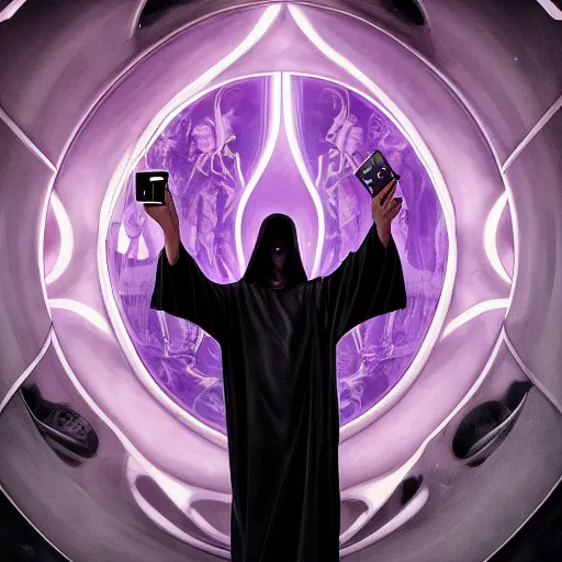 Image similar to dramatic cinematic scene of the Grim Reaper taking a selfie, mucha, colorful, purple, black, highly rendered, beautiful, cyberpunk, very highly detailed, symmetrical, archillect, moody lighting, glowing light and shadow, atmospheric, studio lighting, 8K