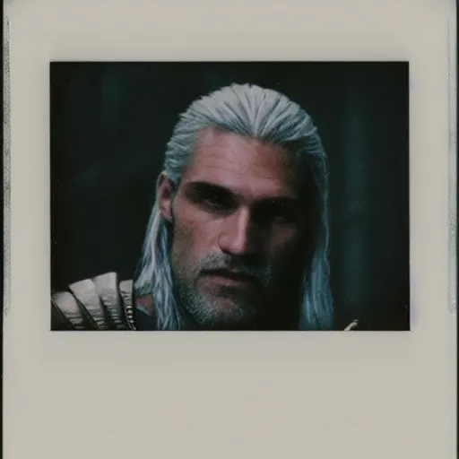 Image similar to polaroid of geralt of rivia face shot by Tarkovsky