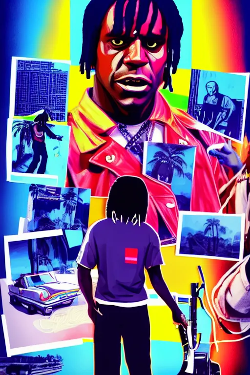 Prompt: chief keef with riffle, gta vice city style art, pop art, no duplicate image, glowing lights, ultra details, ultra realistic, digital painting, artstation, concept art, smooth, sharp focus, illustration, intecrate details, art by richard hamilton and mimmo rottela, pixels art by kirokaze and paul robertson