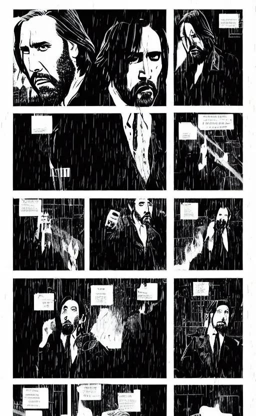 Image similar to nicolas cage as john wick in the rain, dramatic lighting, style of mcbess + Laurie Greasley + Satoshi Kon, symmetric lights and smoke, psychedelic effects, glowing particles, neon rain