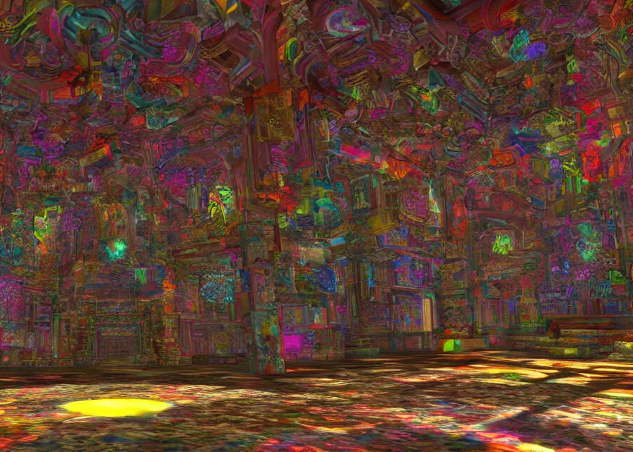 Image similar to interior of an LSD temple, playstation videogame render, 4k, artstation