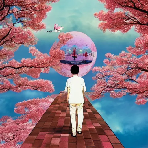 Image similar to a man walking on clouds away from the camera above kyoto by takashi murakami, beeple and james jean, aya takano color style, 4 k, super detailed, modern, 4 k, symmetrical