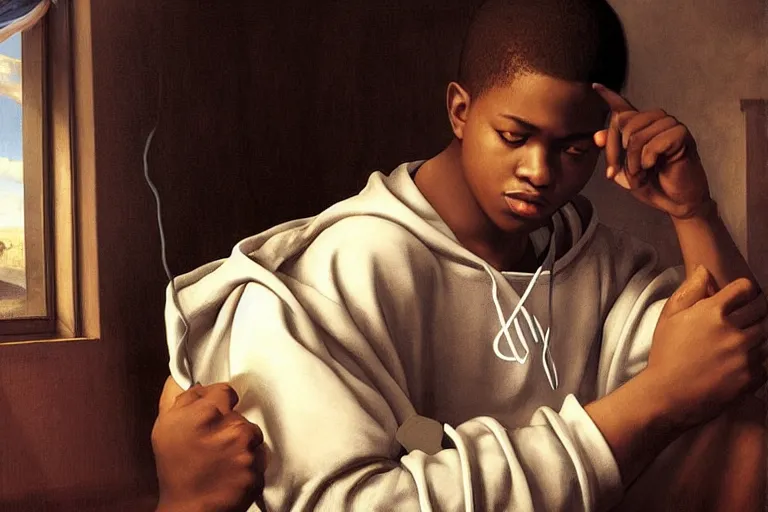 Image similar to black teen in a hoodie playing video games in his room with the reflection of the screen lighting his face, detailed digital renaissance painting by artgerm by caravaggio and face by wlop