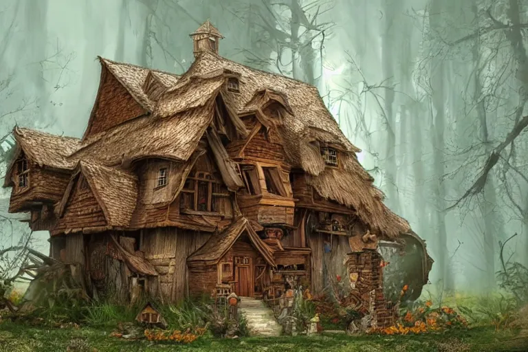 Image similar to a hyperrealistic fantasy illustration of Baba-Yaga's house