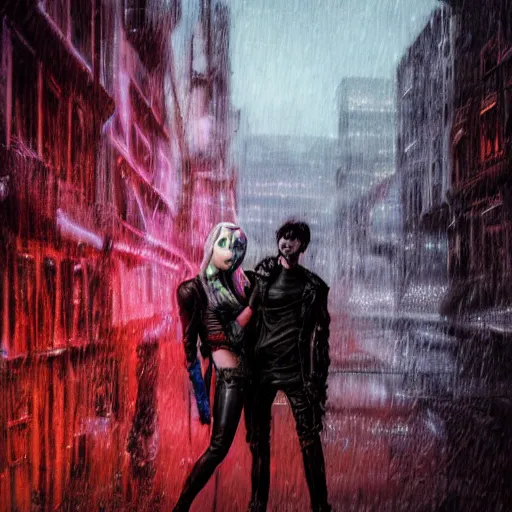 Prompt: An epic fantasy comic book style portrait painting of very imposing Industrial goths Trent Reznor and Miley Cyrus in the rain, wet hair, neon reflections, character design by Mark Ryden and Pixar and Hayao Miyazaki, unreal 5, DAZ, hyperrealistic, octane render, cosplay, RPG portrait, dynamic lighting, intricate detail, cinematic